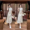 "National Trend -2025 Spring/Summer New Style: Light Cloud and Frost Charm New Chinese Jacquard Slant Front High Slit Cheongsam Dress for Women. Application Scenario